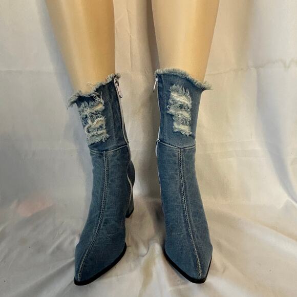 Y2K Denim Ankle Boots Distressed Frayed Pointed Toe Block Heel 38 - Picture 3 of 8